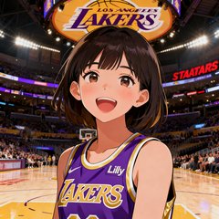篮球少女Lily头像，穿着湖人球衣，背景是斯台普斯球馆